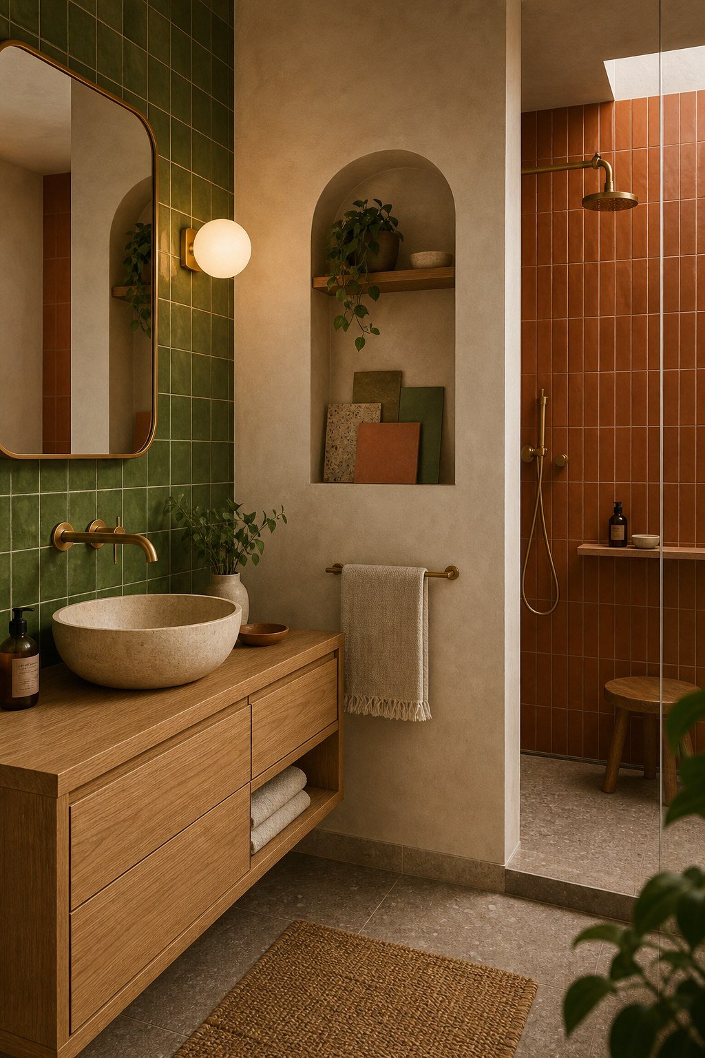 Baño reformado con cerámica artesanal, madera y luz natural