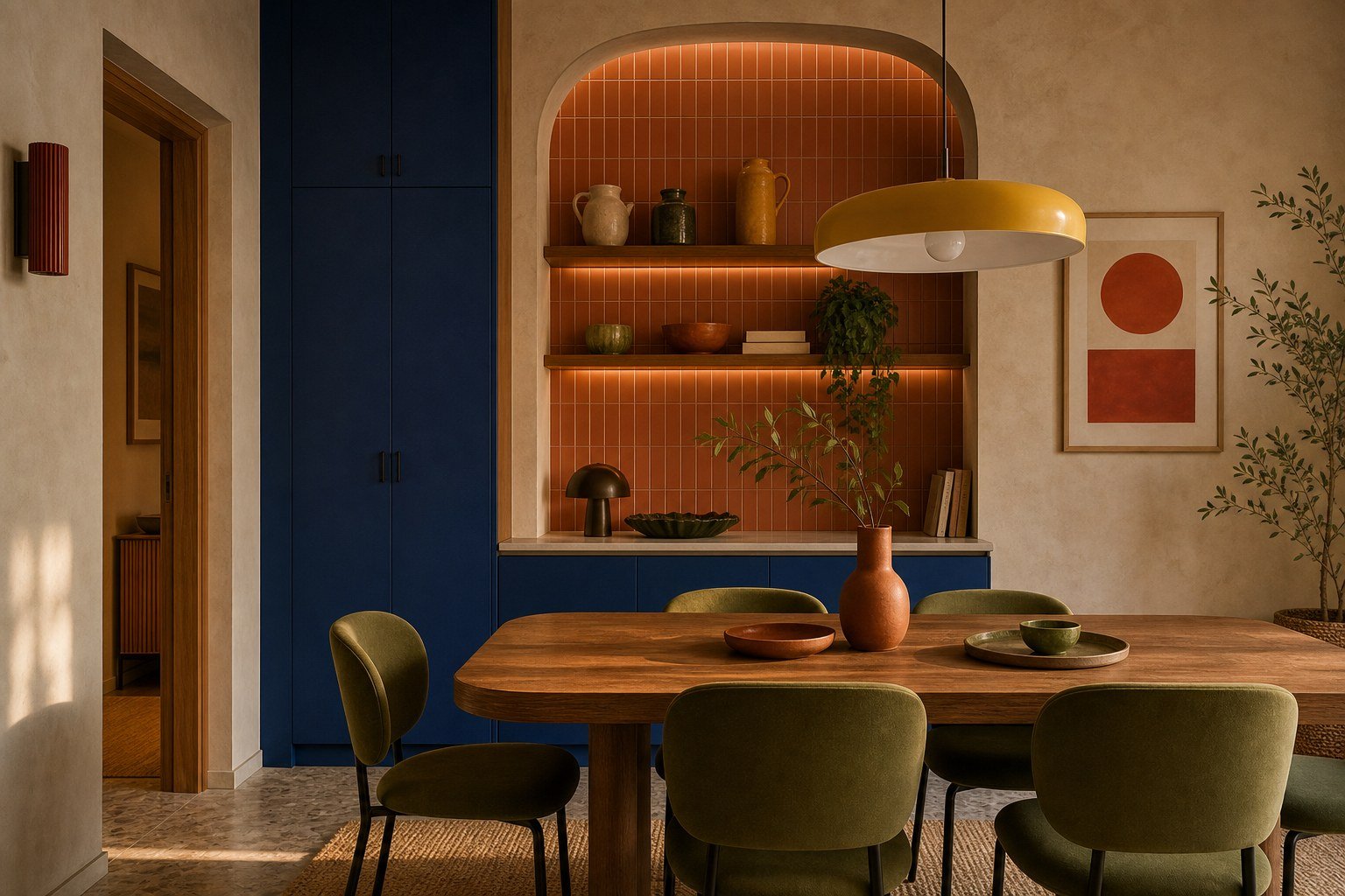 Comedor creativo con cerámica, madera y piezas de color