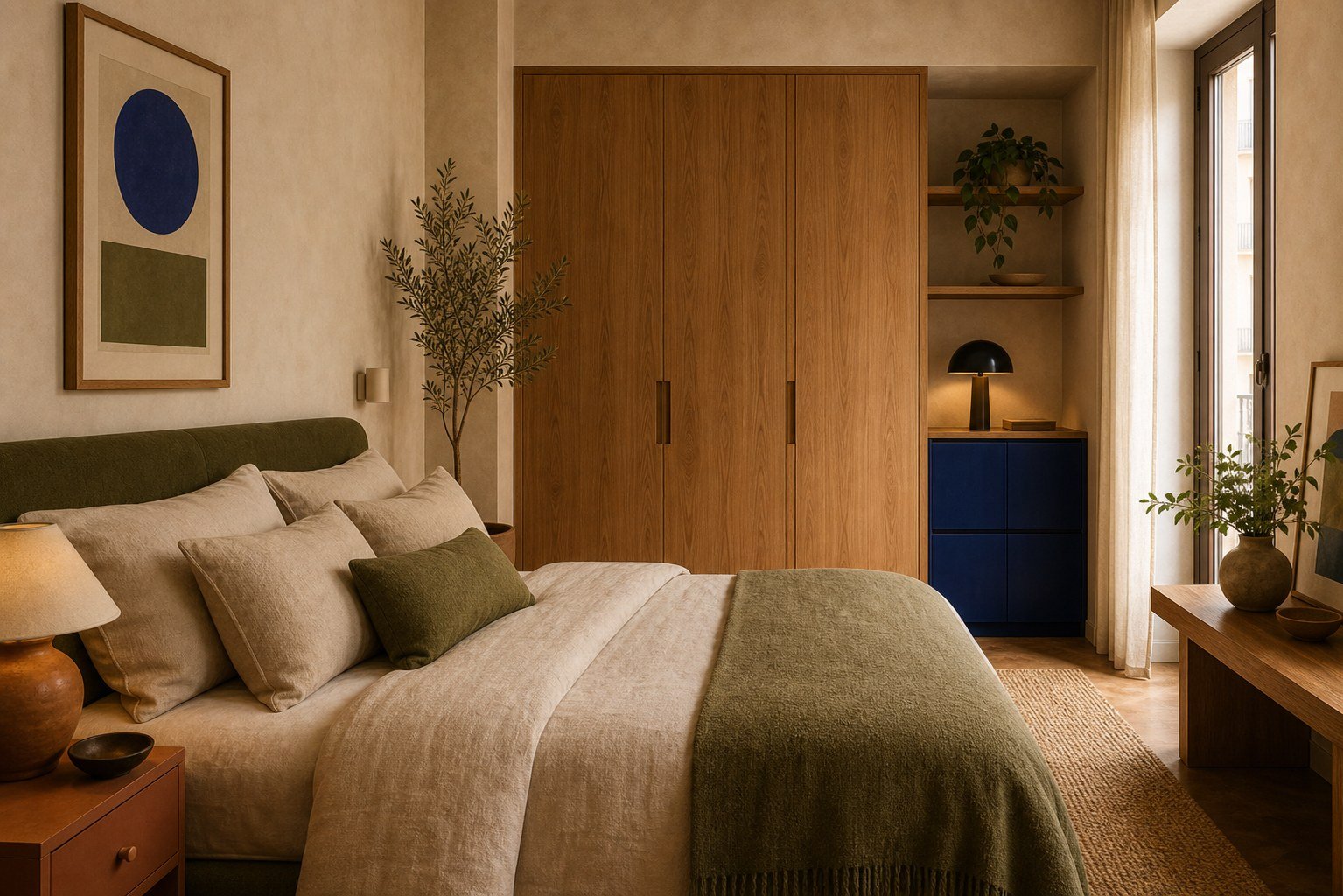 Dormitorio natural con madera, textiles claros y luz cálida
