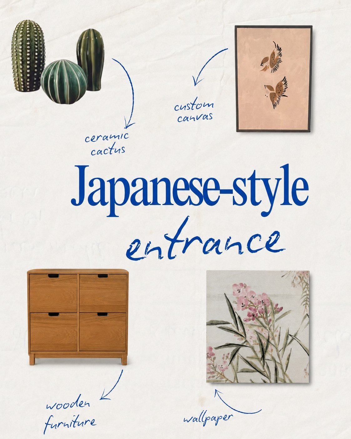 Moodboard de entrada de inspiración japonesa con madera, cerámica y notas de proyecto