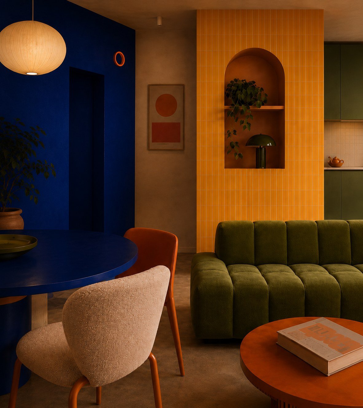 Interior NOVOWIT Design con color, luz cálida y mobiliario contemporáneo