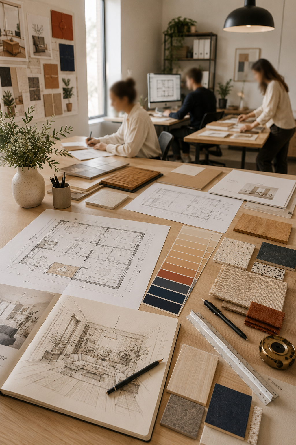 Mesa de trabajo de interiorismo con planos, muestras de materiales y documentación de proyecto
